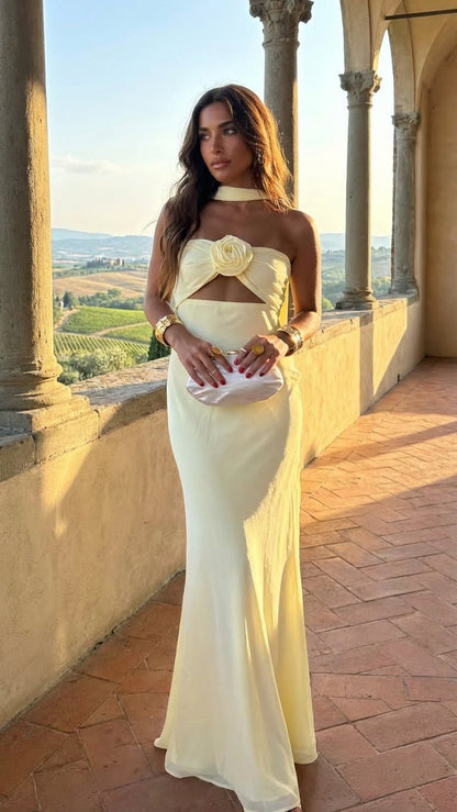 Vestido Gardenia - Maxi Halter con Rosa Corsage